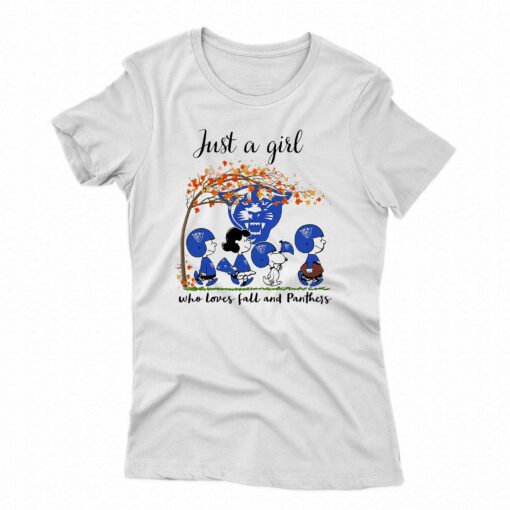 Just A Woman Who Loves Fall And Georgia State Panthers Peanuts Cartoon T-shirt