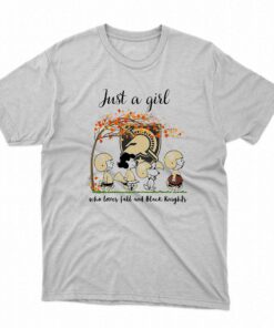 Just A Woman Who Loves Fall And Georgia Tech Yellow Jackets Peanuts Cartoon T-shirt