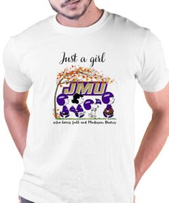 Just A Woman Who Loves Fall And James Madison Dukes Peanuts Cartoon T-shirt