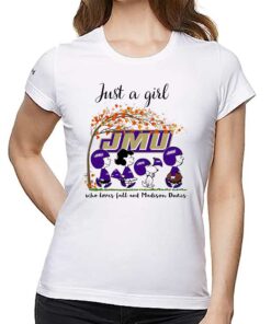 Just A Woman Who Loves Fall And James Madison Dukes Peanuts Cartoon T-shirt