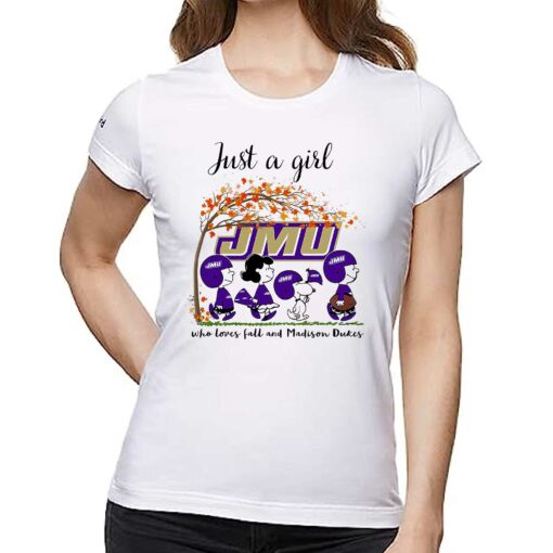 Just A Woman Who Loves Fall And James Madison Dukes Peanuts Cartoon T-shirt