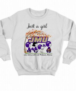 Just A Woman Who Loves Fall And James Madison Dukes Peanuts Cartoon T-shirt 3 Just A Woman Who Loves Fall And James Madison Dukes Peanuts Cartoon T shirt 4