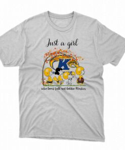 Just A Woman Who Loves Fall And Kent State Golden Flashes Peanuts Cartoon T-shirt