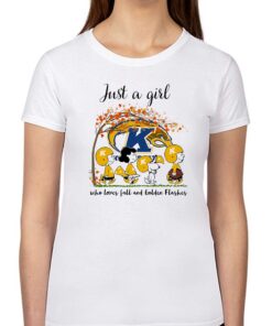 Just A Woman Who Loves Fall And Kent State Golden Flashes Peanuts Cartoon T-shirt