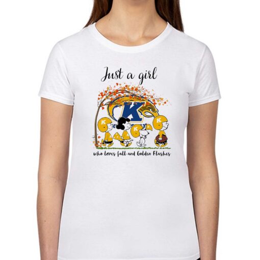 Just A Woman Who Loves Fall And Kent State Golden Flashes Peanuts Cartoon T-shirt