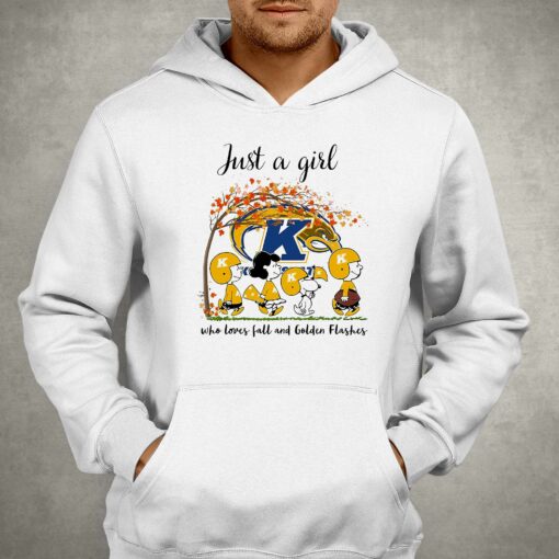 Just A Woman Who Loves Fall And Kent State Golden Flashes Peanuts Cartoon T-shirt