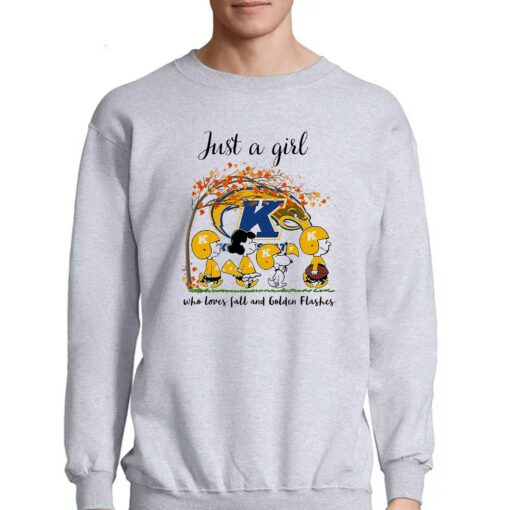 Just A Woman Who Loves Fall And Kent State Golden Flashes Peanuts Cartoon T-shirt