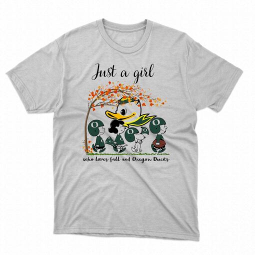 Just A Woman Who Loves Fall And Oregon Ducks Peanuts Cartoon T-shirt