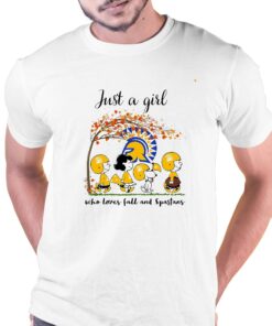 Just A Woman Who Loves Fall And San Jose State Spartans Peanuts Cartoon T-shirt