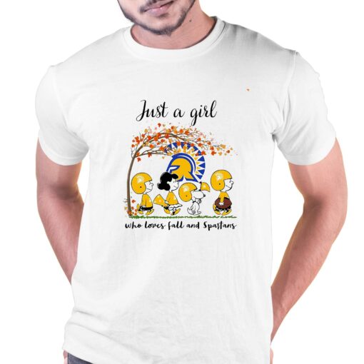 Just A Woman Who Loves Fall And San Jose State Spartans Peanuts Cartoon T-shirt