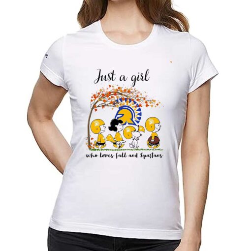 Just A Woman Who Loves Fall And San Jose State Spartans Peanuts Cartoon T-shirt