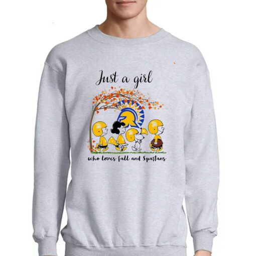 Just A Woman Who Loves Fall And San Jose State Spartans Peanuts Cartoon T-shirt