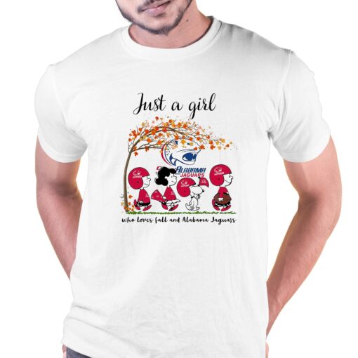 Just A Woman Who Loves Fall And South Alabama Jaguars Peanuts Cartoon T-shirt