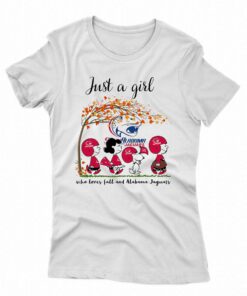 Just A Woman Who Loves Fall And South Alabama Jaguars Peanuts Cartoon T-shirt