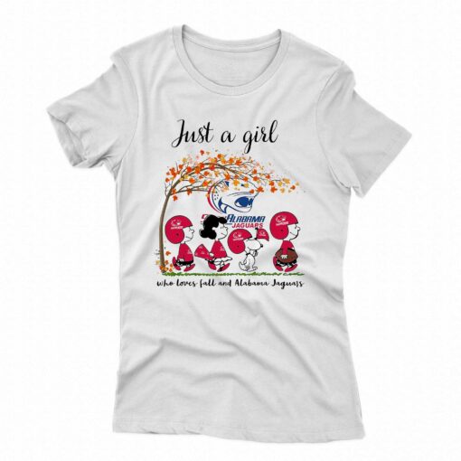 Just A Woman Who Loves Fall And South Alabama Jaguars Peanuts Cartoon T-shirt