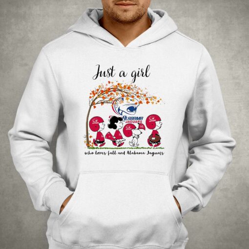 Just A Woman Who Loves Fall And South Alabama Jaguars Peanuts Cartoon T-shirt