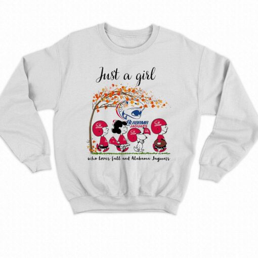 Just A Woman Who Loves Fall And South Alabama Jaguars Peanuts Cartoon T-shirt