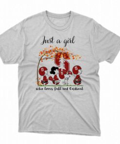 Just A Woman Who Loves Fall And Stanford Cardinal Peanuts Cartoon T-shirt
