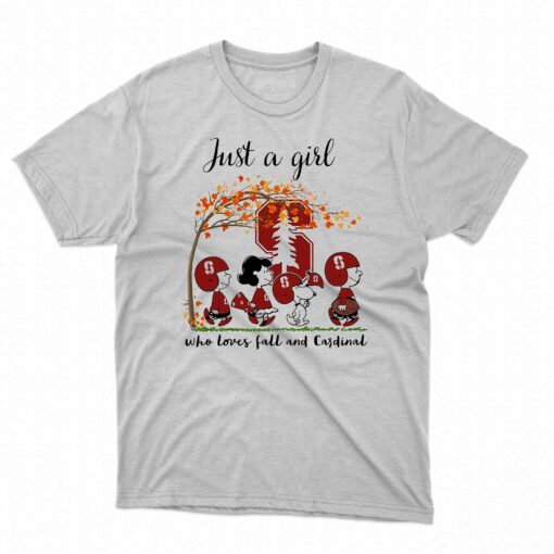 Just A Woman Who Loves Fall And Stanford Cardinal Peanuts Cartoon T-shirt