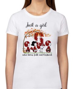 Just A Woman Who Loves Fall And Stanford Cardinal Peanuts Cartoon T-shirt