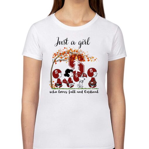 Just A Woman Who Loves Fall And Stanford Cardinal Peanuts Cartoon T-shirt