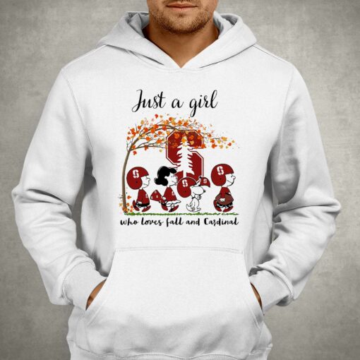 Just A Woman Who Loves Fall And Stanford Cardinal Peanuts Cartoon T-shirt