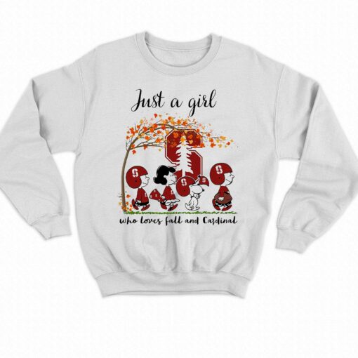 Just A Woman Who Loves Fall And Stanford Cardinal Peanuts Cartoon T-shirt