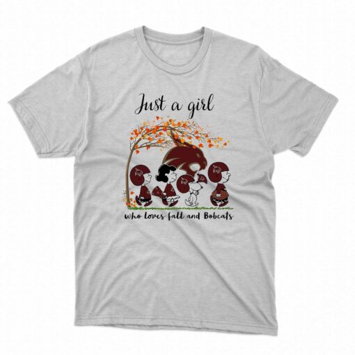 Just A Woman Who Loves Fall And Texas State Bobcats Peanuts Cartoon T-shirt