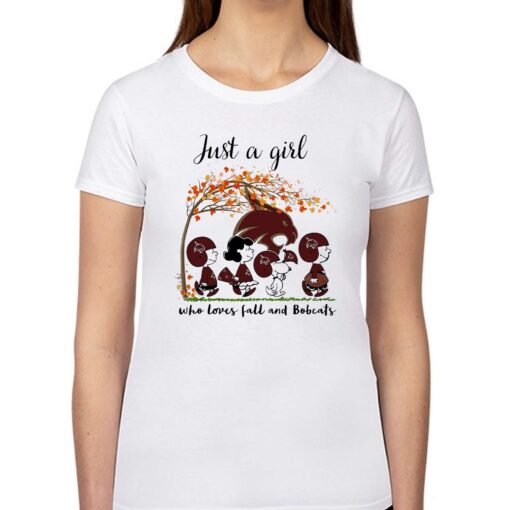 Just A Woman Who Loves Fall And Texas State Bobcats Peanuts Cartoon T-shirt