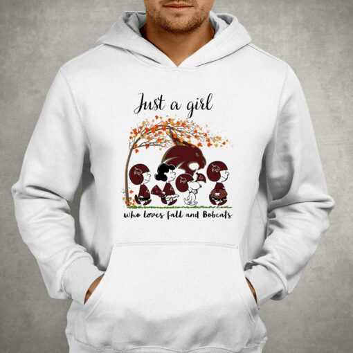 Just A Woman Who Loves Fall And Texas State Bobcats Peanuts Cartoon T-shirt