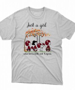 Just A Woman Who Loves Fall And Troy Trojans Peanuts Cartoon T-shirt
