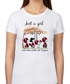 Just A Woman Who Loves Fall And Troy Trojans Peanuts Cartoon T-shirt