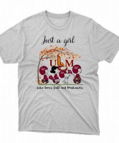 Just A Woman Who Loves Fall And Ul Monroe Warhawks Cartoon T-shirt