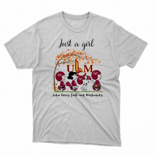 Just A Woman Who Loves Fall And Ul Monroe Warhawks Cartoon T-shirt