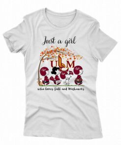 Just A Woman Who Loves Fall And Ul Monroe Warhawks Cartoon T-shirt