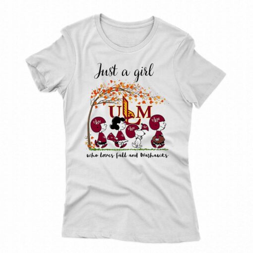 Just A Woman Who Loves Fall And Ul Monroe Warhawks Cartoon T-shirt