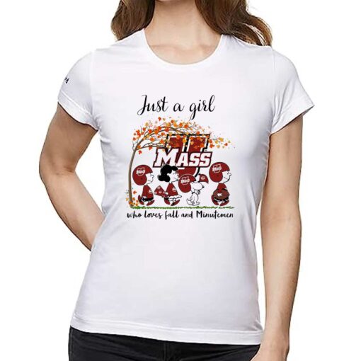 Just A Woman Who Loves Fall And Umass Minutemen Peanuts Cartoon T-shirt