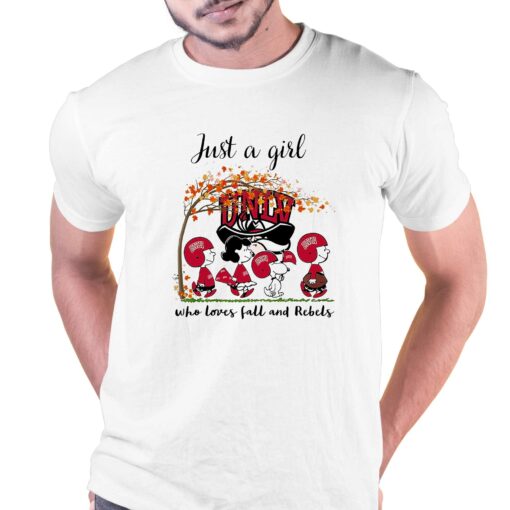 Just A Woman Who Loves Fall And Unlv Rebels Peanuts Cartoon T-shirt