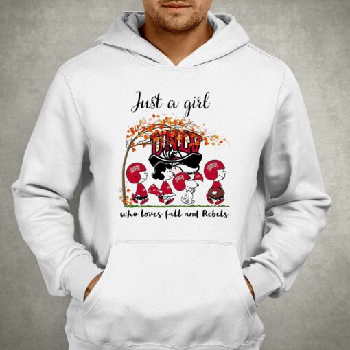 Just A Woman Who Loves Fall And Unlv Rebels Peanuts Cartoon T-shirt