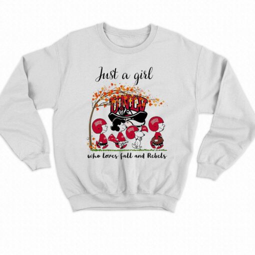 Just A Woman Who Loves Fall And Unlv Rebels Peanuts Cartoon T-shirt