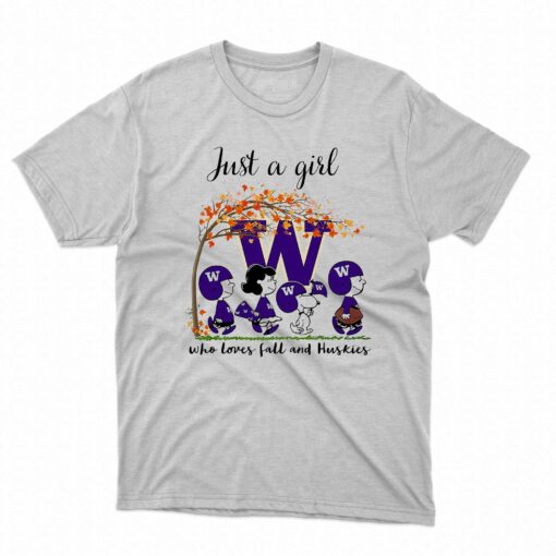 Just A Woman Who Loves Fall And Washington Huskies Peanuts Cartoon T-shirt