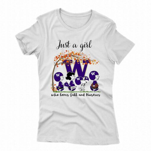 Just A Woman Who Loves Fall And Washington Huskies Peanuts Cartoon T-shirt