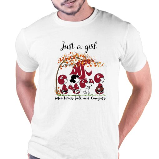 Just A Woman Who Loves Fall And Washington State Cougars Peanuts Cartoon T-shirt