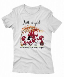 Just A Woman Who Loves Fall And Washington State Cougars Peanuts Cartoon T-shirt
