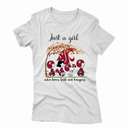 Just A Woman Who Loves Fall And Washington State Cougars Peanuts Cartoon T-shirt