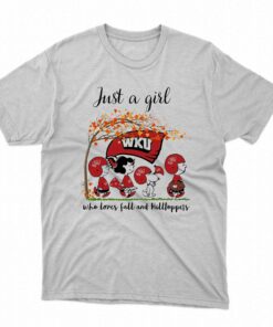 Just A Woman Who Loves Fall And Western Kentucky Hilltoppers Peanuts Cartoon T-shirt Just A Woman Who Loves Fall And Western Kentucky Hilltoppers Peanuts Cartoon T-shirt
