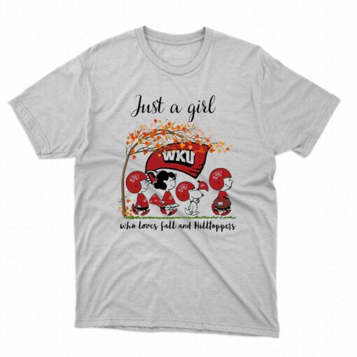 Just A Woman Who Loves Fall And Western Kentucky Hilltoppers Peanuts Cartoon T-shirt