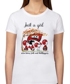 Just A Woman Who Loves Fall And Western Kentucky Hilltoppers Peanuts Cartoon T-shirt