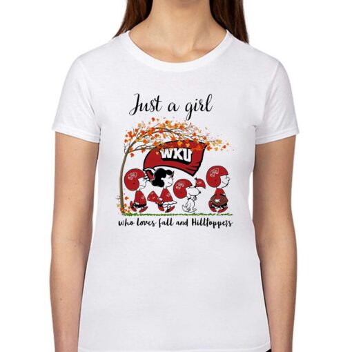 Just A Woman Who Loves Fall And Western Kentucky Hilltoppers Peanuts Cartoon T-shirt