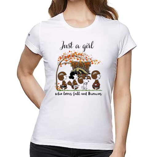 Just A Woman Who Loves Fall And Western Michigan Broncos Peanuts Cartoon T-shirt